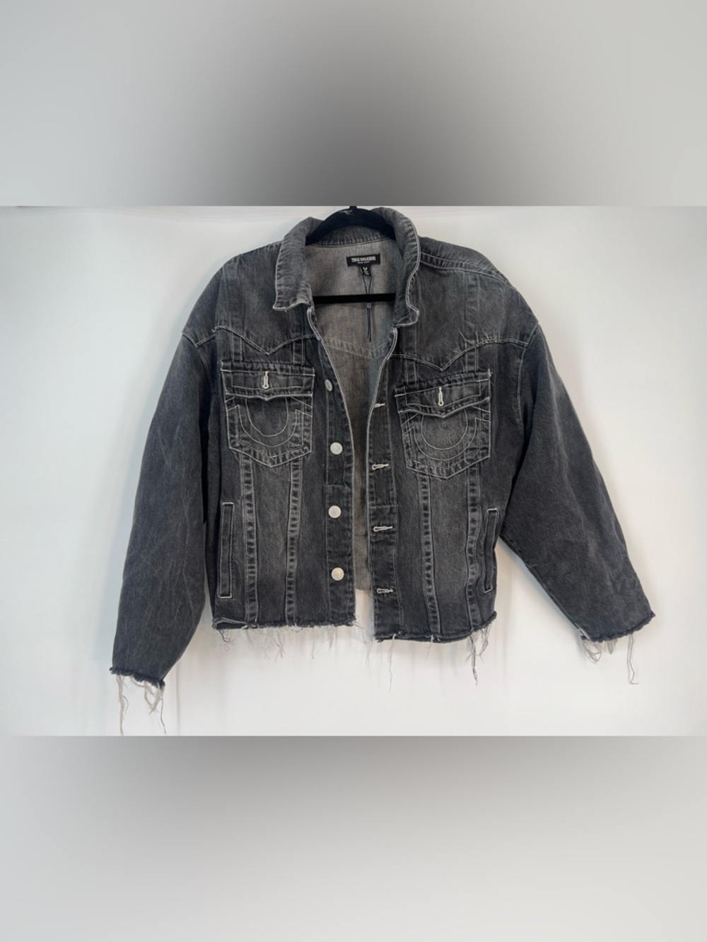 True Religion Oversized Jimmy Denim Jacket Gray Black Raw Hem Men's Medium Y2K